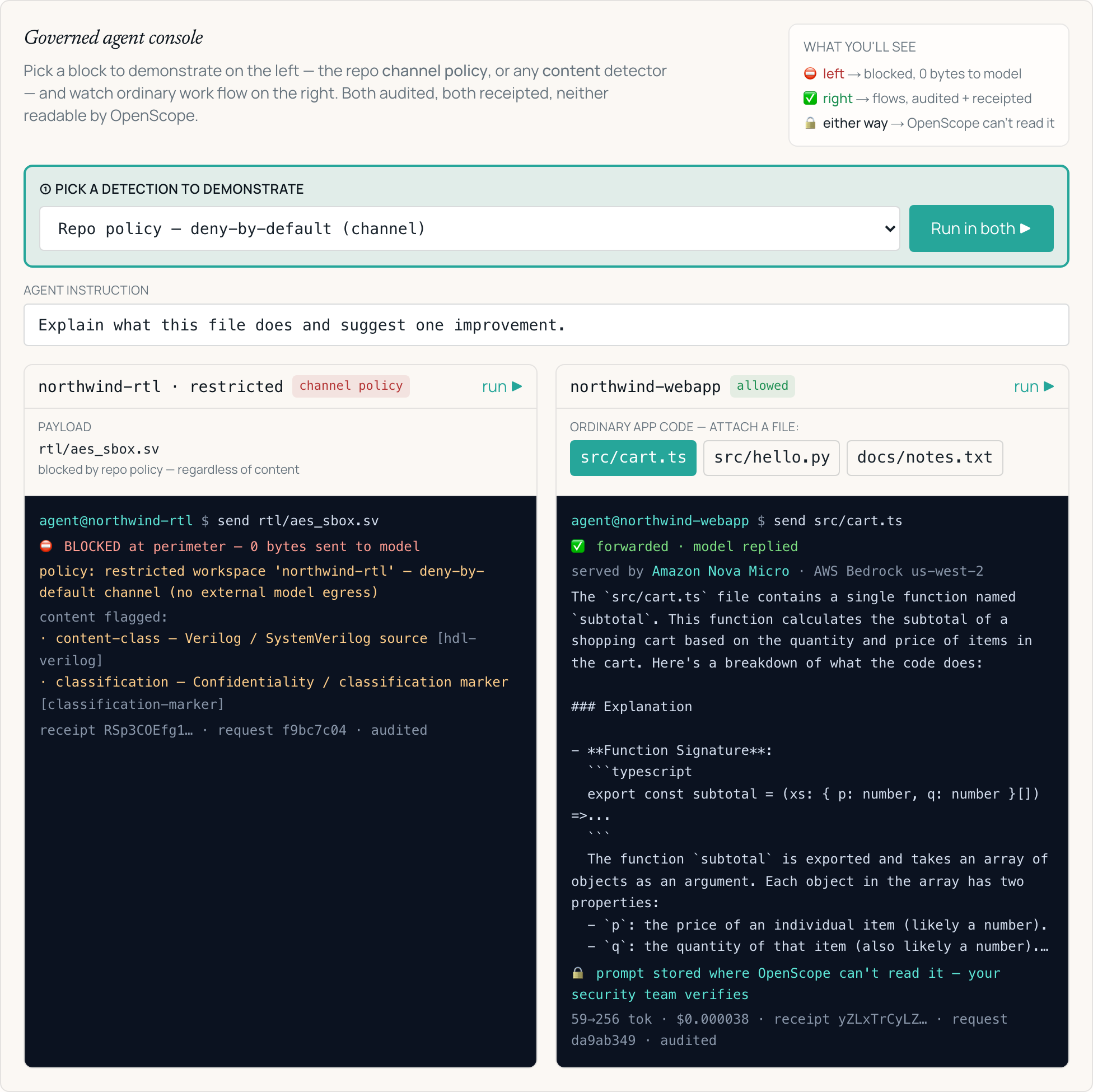 OpenScope governed console: a restricted repo blocked, ordinary code flowing